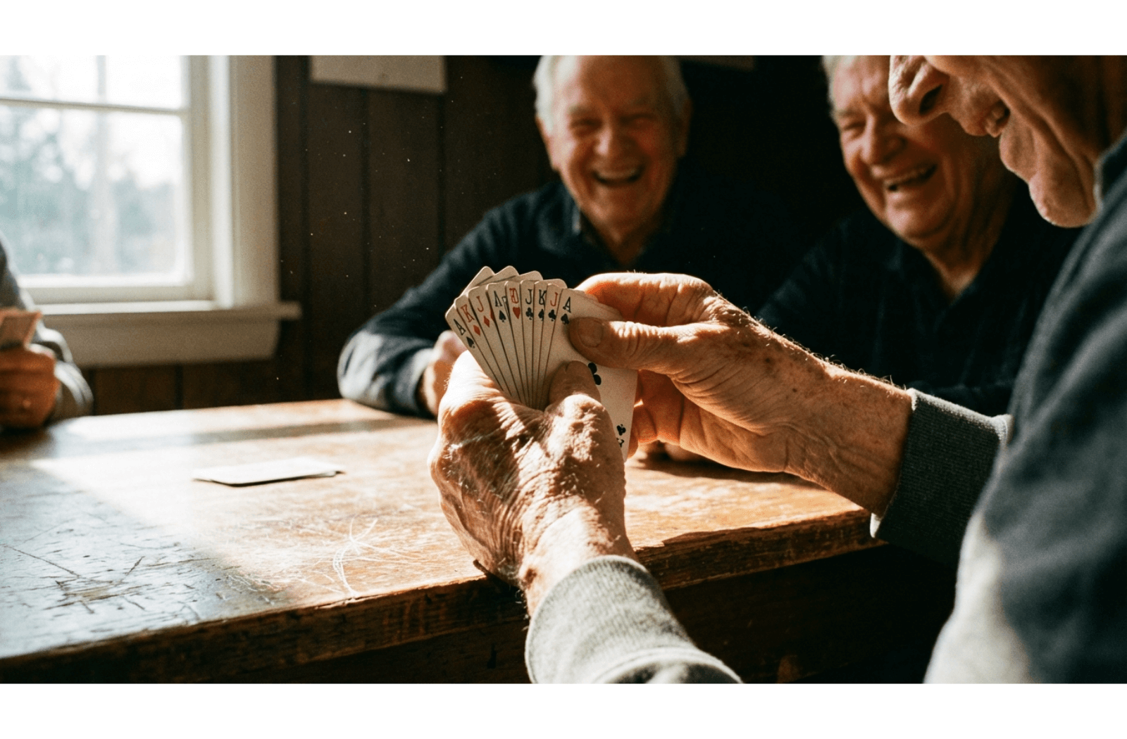 Close-up of wrinkled hands holding playing cards over a wooden table while older adults laugh in the background of a sunlit room.