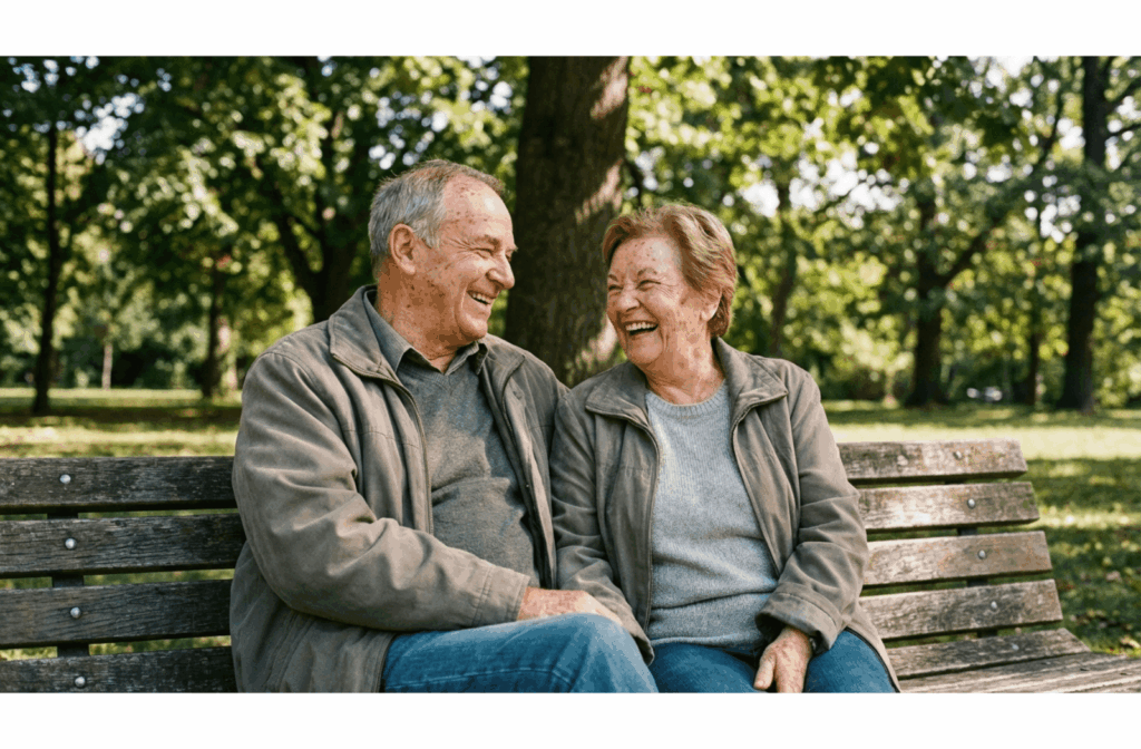 two older adults laughing joyfully while sitting side-by-side on a wooden park bench under dappled sunlight.