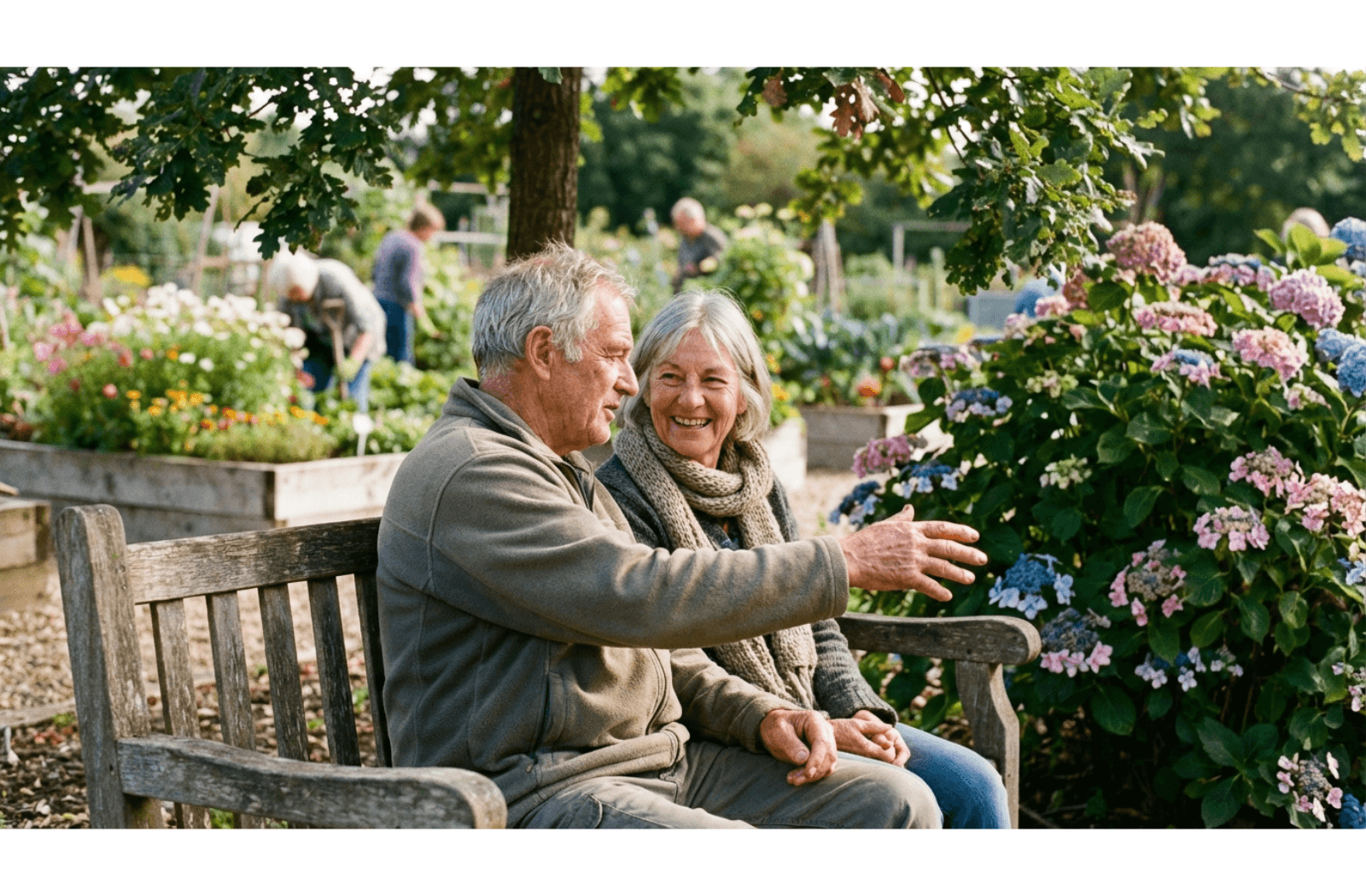 Two older adults sit on a wooden bench in a garden, talking and enjoying the sunlight.
