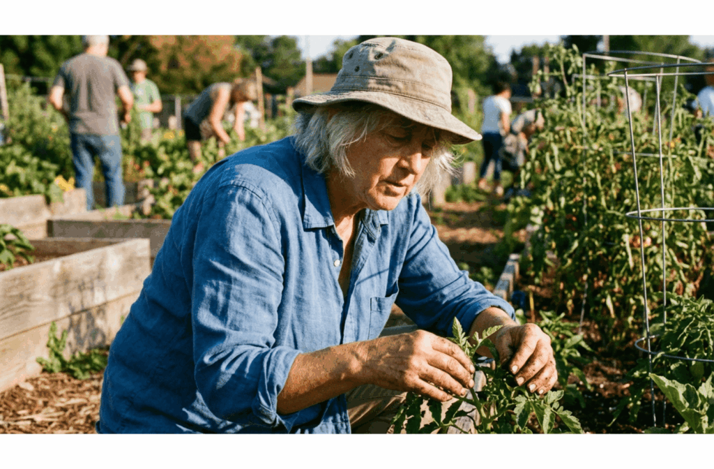 Older adult with silver hair tending to plants in a sunny garden, looking focused and calm.