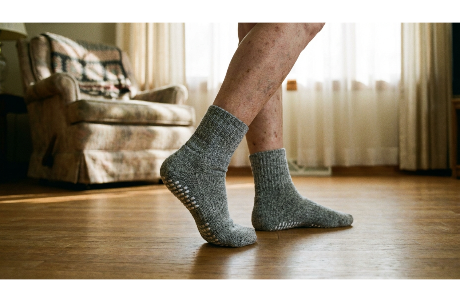 Close-up of an older adult's feet in non-slip socks performing heel-to-toe walking exercises on a hardwood floor near a supportive chair.