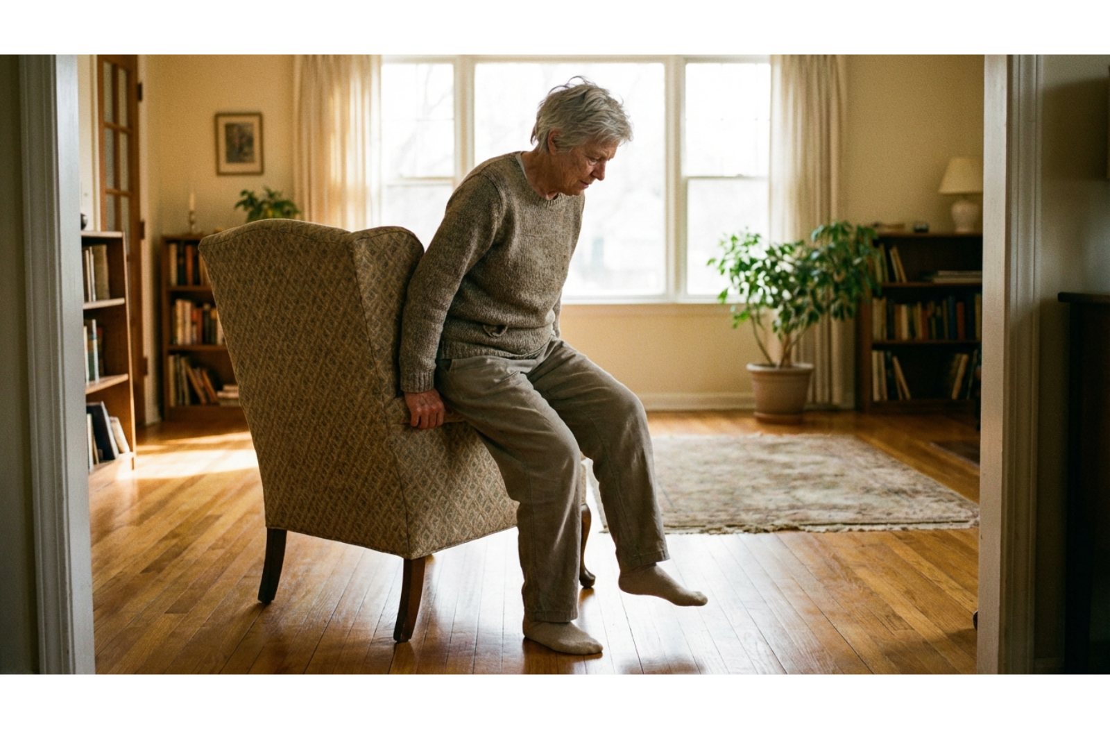 Older adult holding a chair back for stability while practicing balance exercises in a sunlit living room with clear floors.