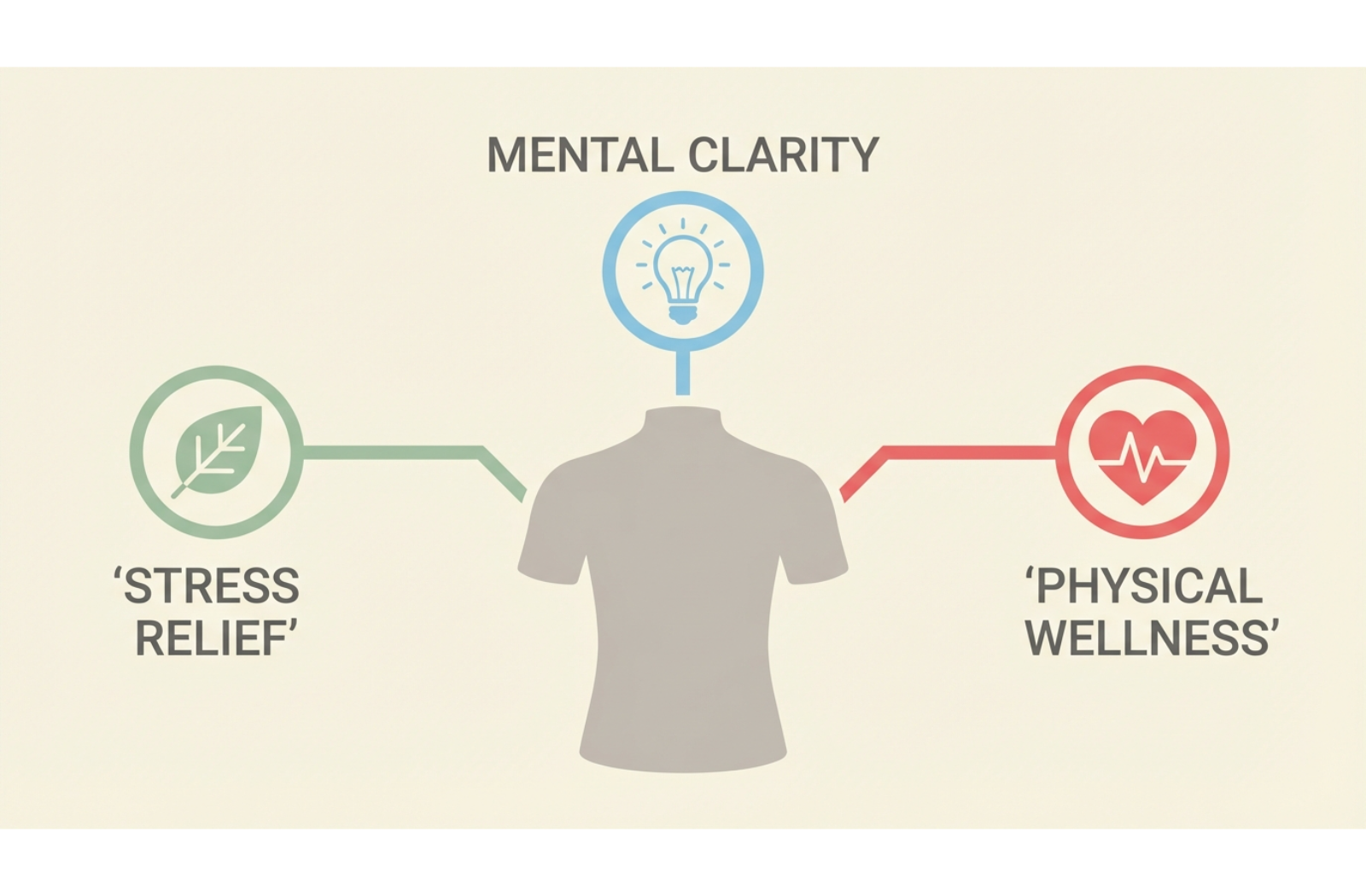 Infographic illustrating three benefits of breathing exercises: stress relief, physical wellness, and mental clarity, connected to a human silhouette.