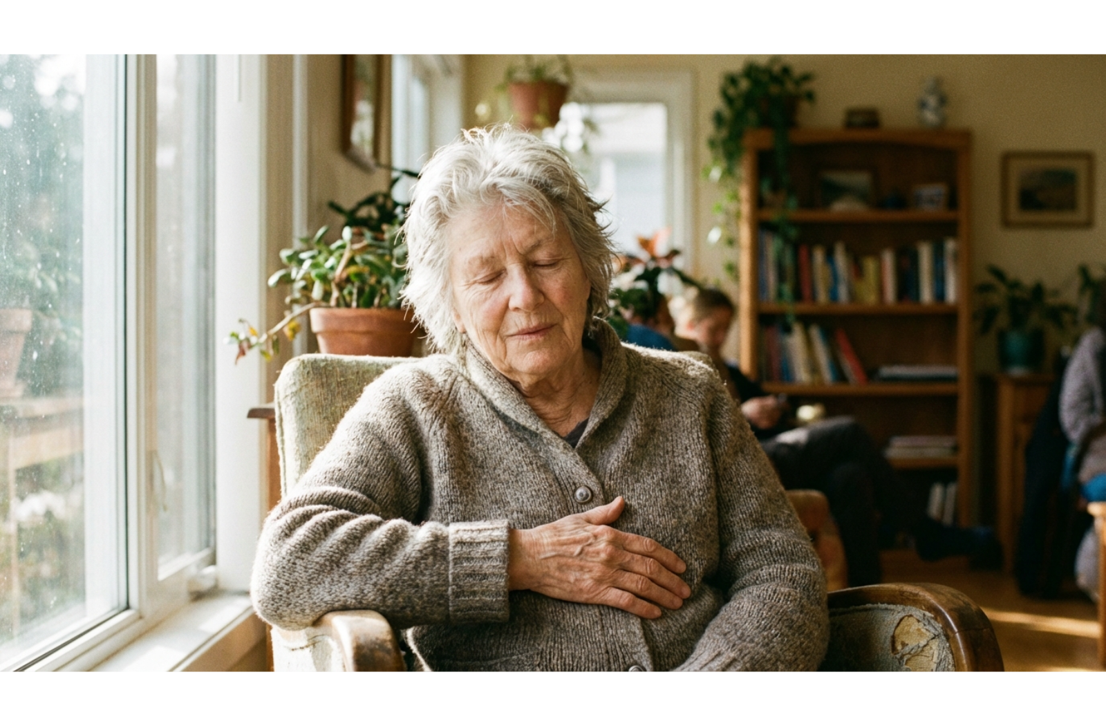 Older adult sitting in a sunlit room with eyes closed and hand on chest, practicing deep breathing exercises.
