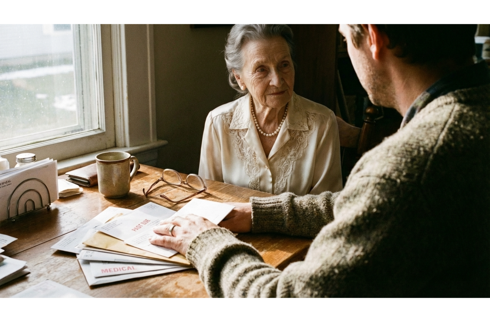 Close-up of an adult's hand resting on a stack of papers on a kitchen table while sitting opposite an elderly parent.