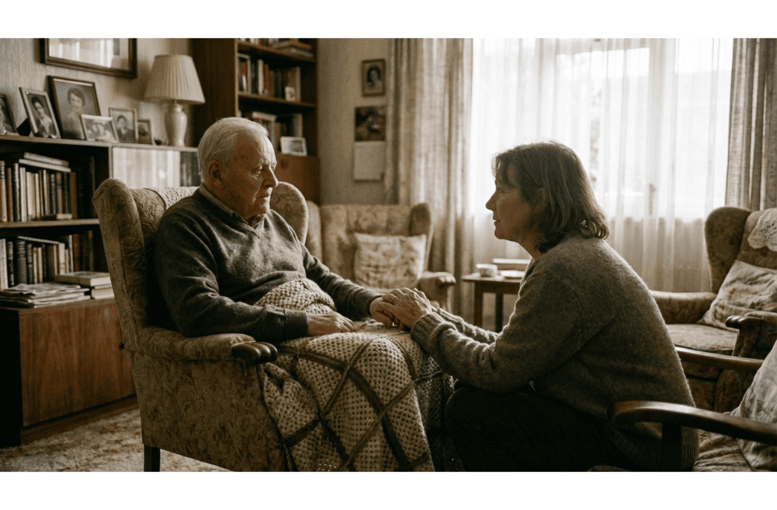 Adult crouching holding hands with an older adult seated in a wheelchair in a cozy living room setting.