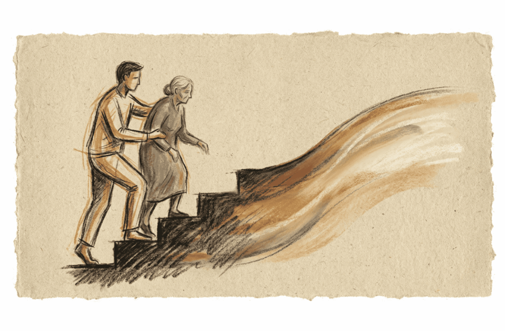 Artistic sketch of a person supporting an older adult on a path that changes from stairs to a smooth ramp.